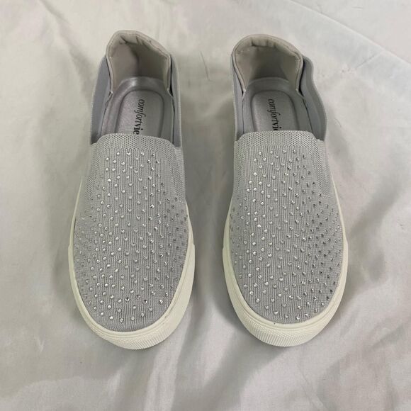 Cute Rhinestone Coquette Gray Silver Pull On Slip On Sneaker US 9 Comfort View - Picture 2 of 8